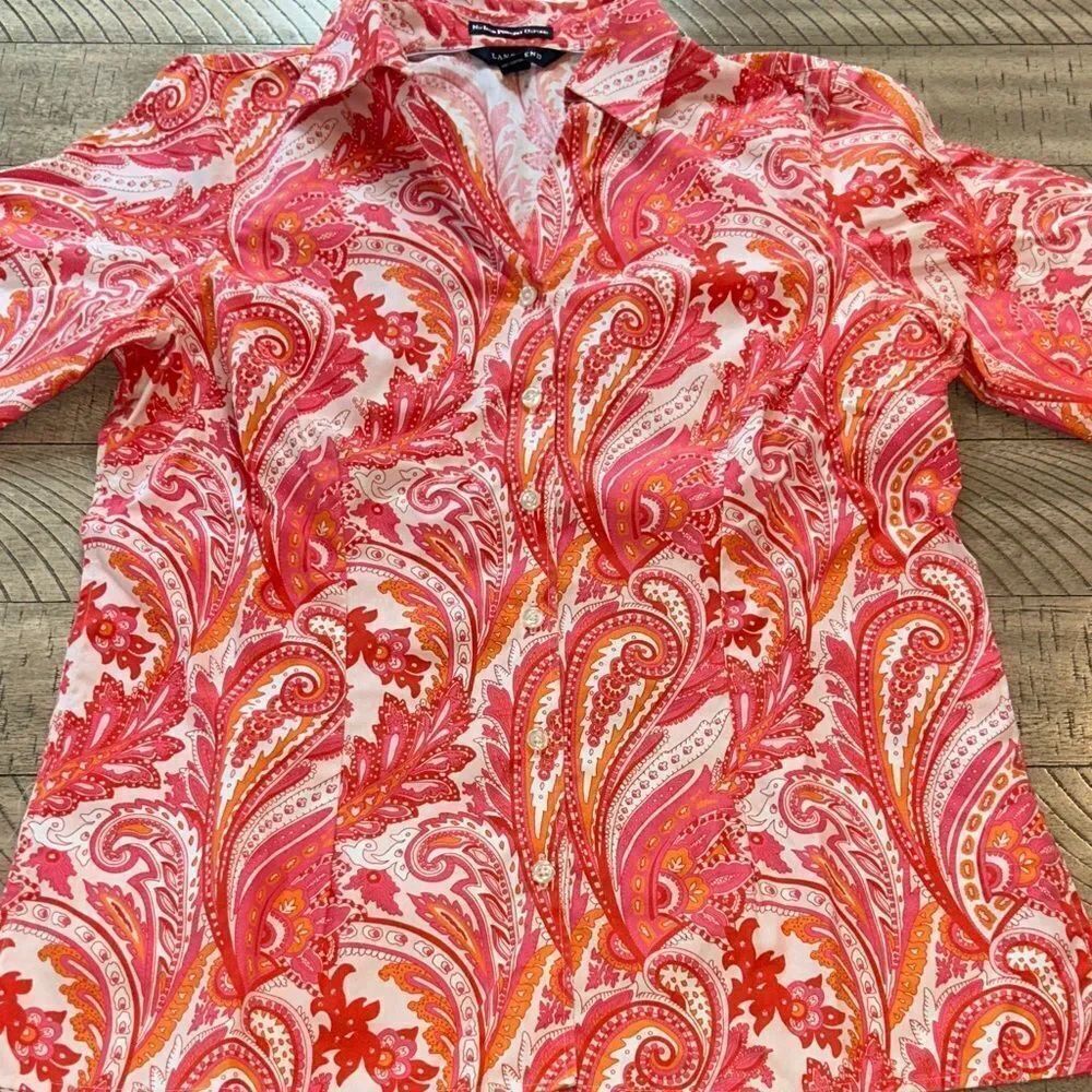 Lands' End Tropical 👀 🌴 Lipstick 💄 Pink Paisley Cotton No Iron Shirt